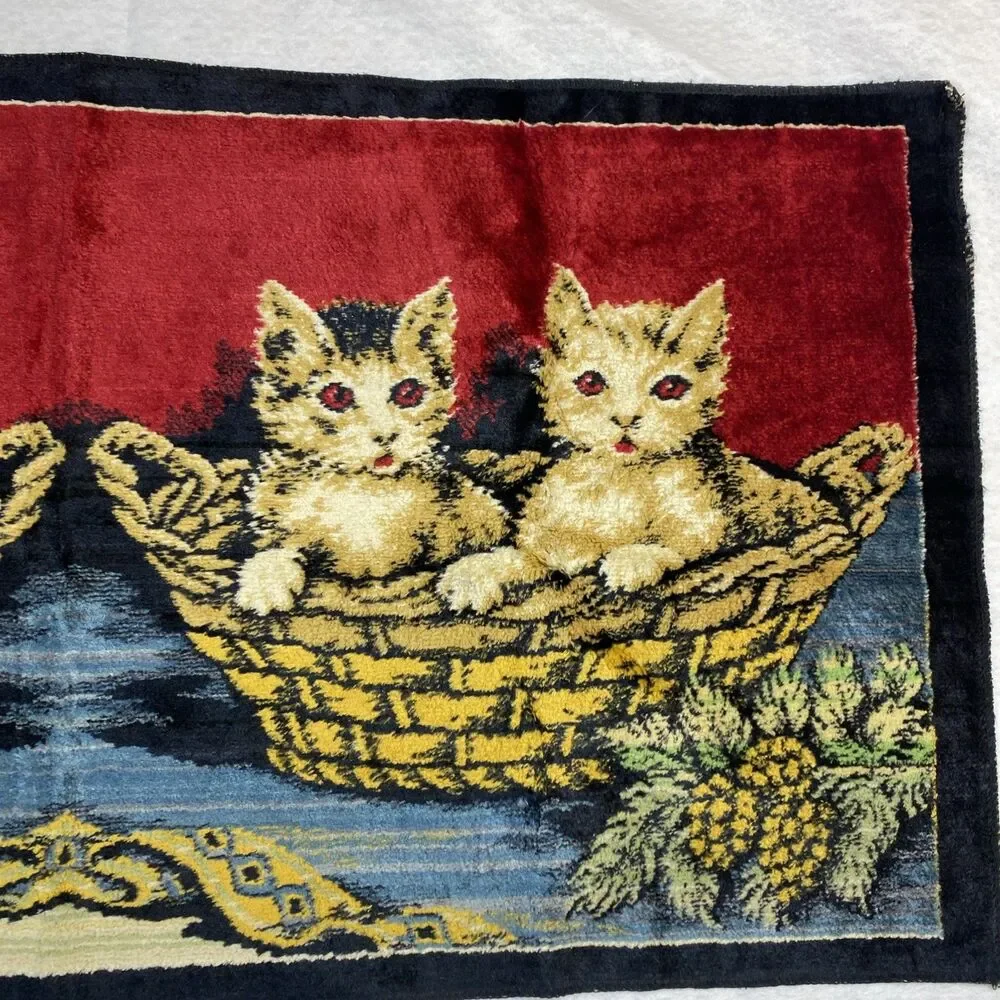 Vintage Velvet cat tapestry Textile Rug Red eyes Feline 38 x 19.5 rectangle